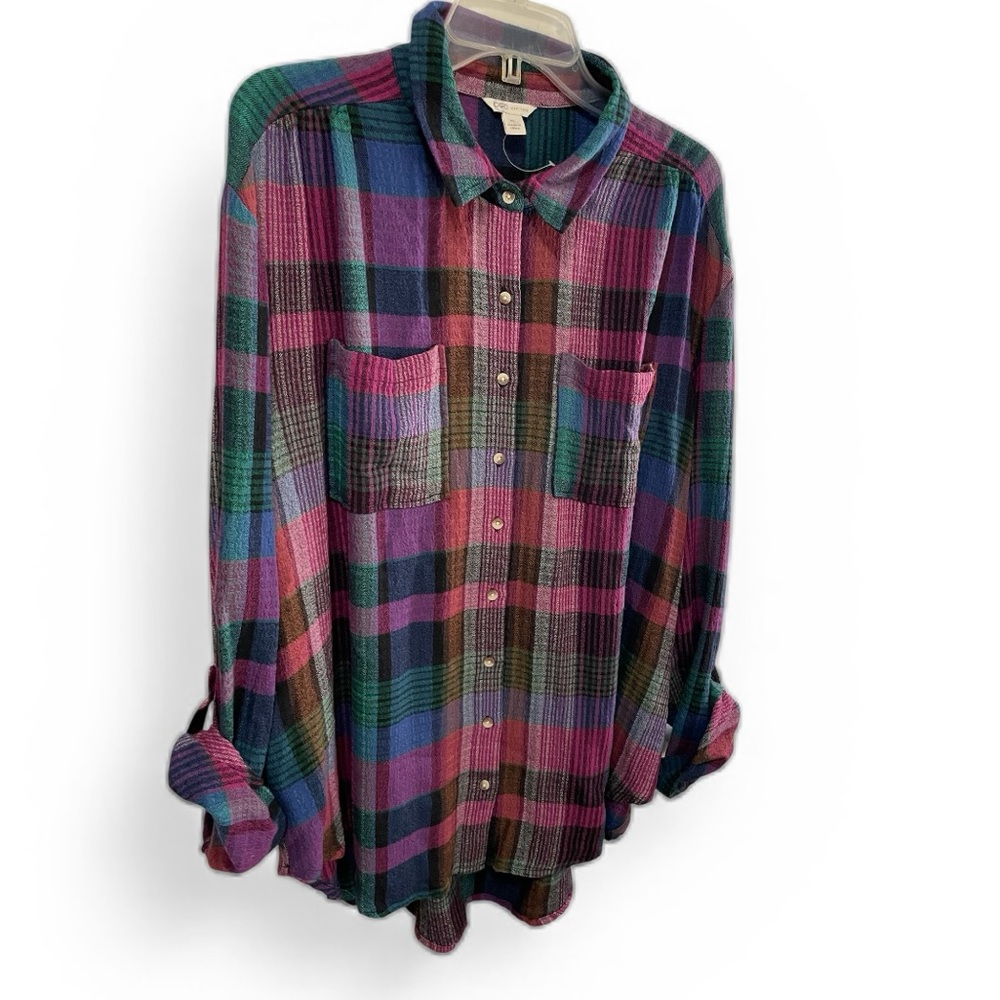 Jewel tone plaid button front shirt roll tab sleeves relaxed size XL